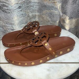 Tory Burch Chestnut Leather Logo Studded Thong Sandals